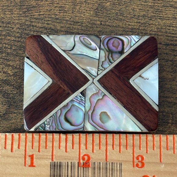 Handcrafted Vintage Mexican Abalone & Wood Belt Buckle triangle Arrow - Picture 4 of 4